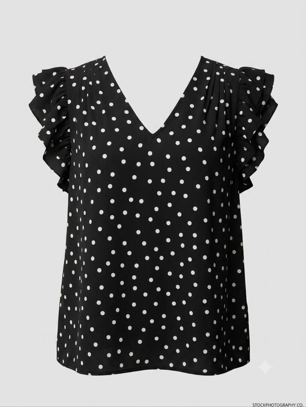 On 34th NWT Black and White Polka Dot Ruffle Sleeve V-Neck Top, Size 2X